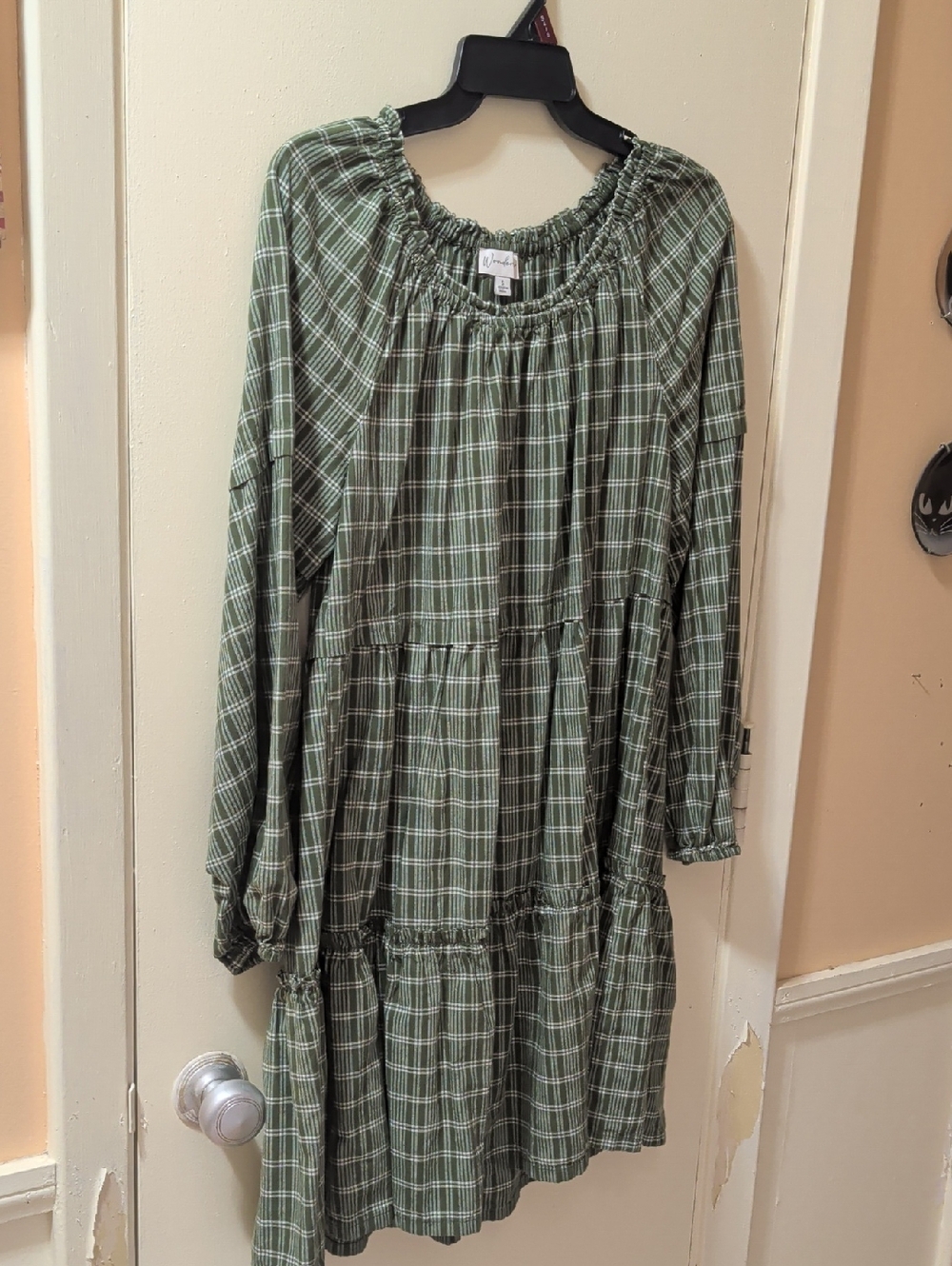 Wonderly Olive Green Plaid Peasant Dress